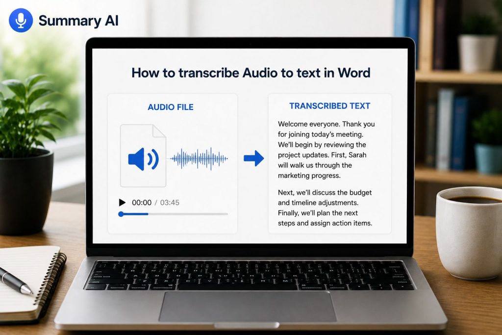 how to transcribe audio to text in word