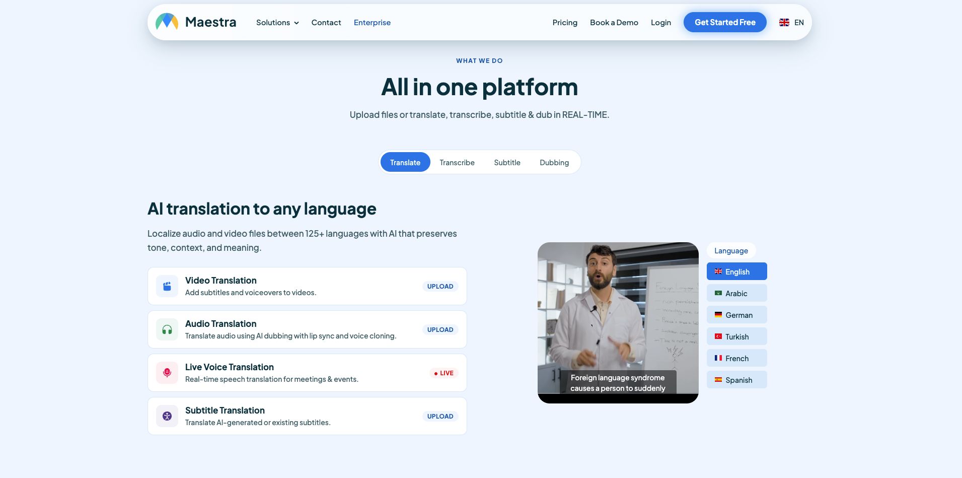 page showing maestra live translation features