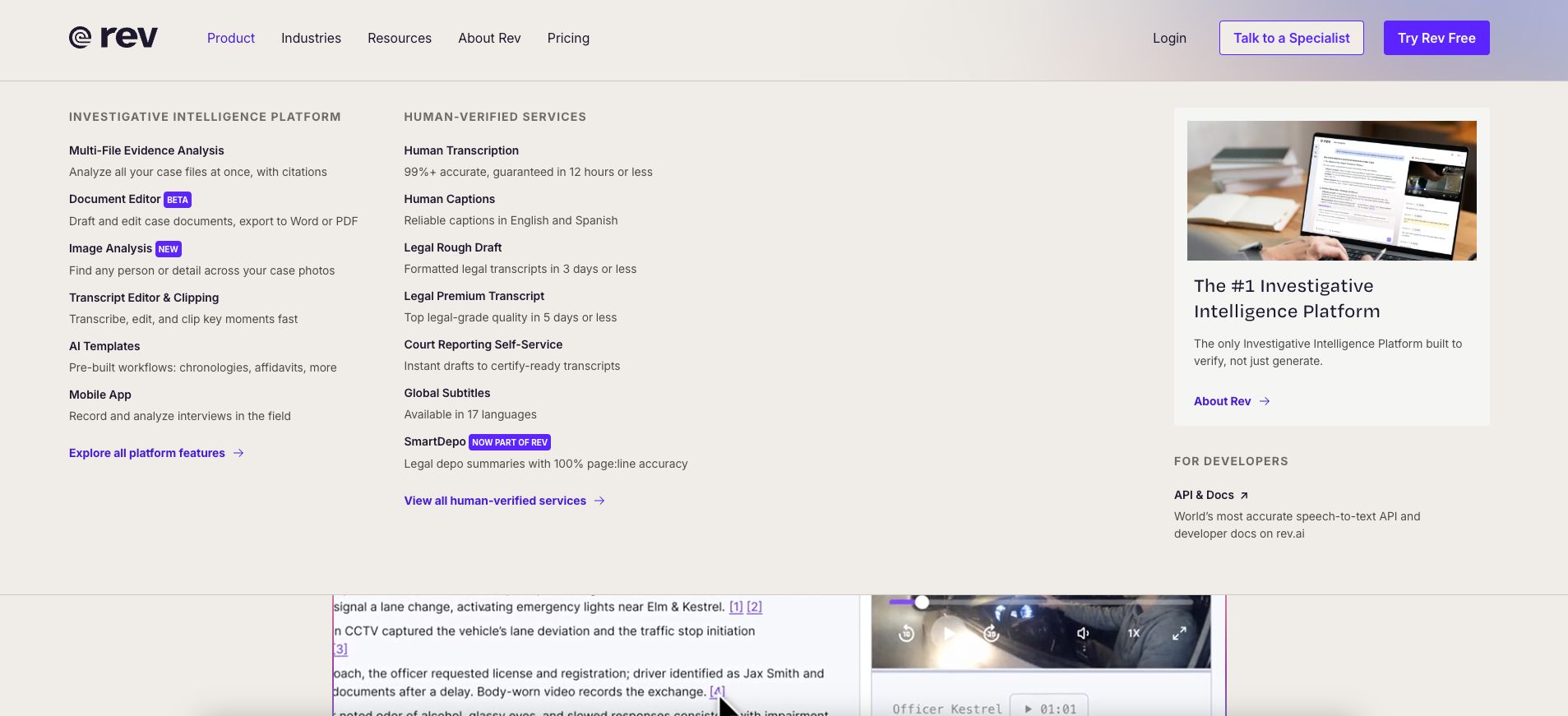 transcription ai features listed on rev website