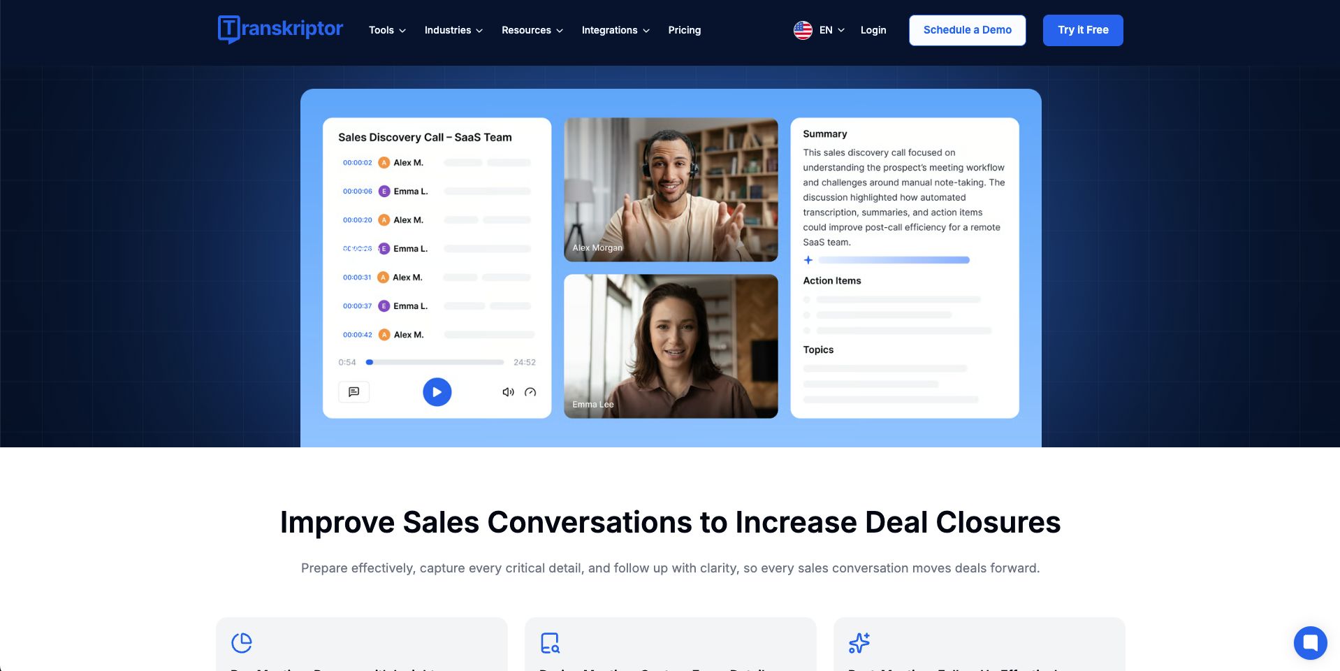 transkriptor feature examples for a sales team