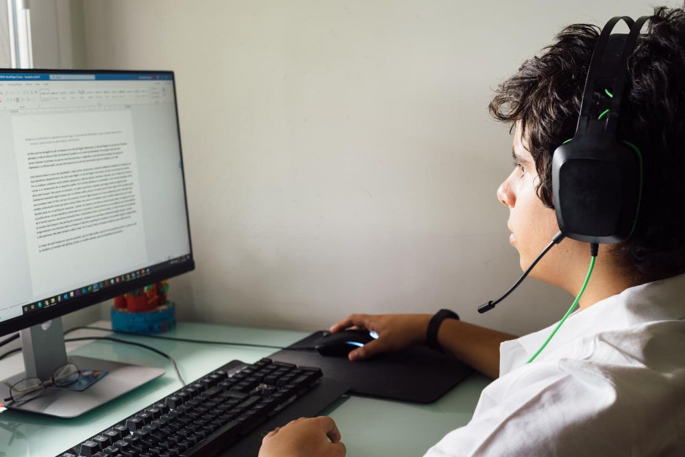 person reviewing notes on desktop computer