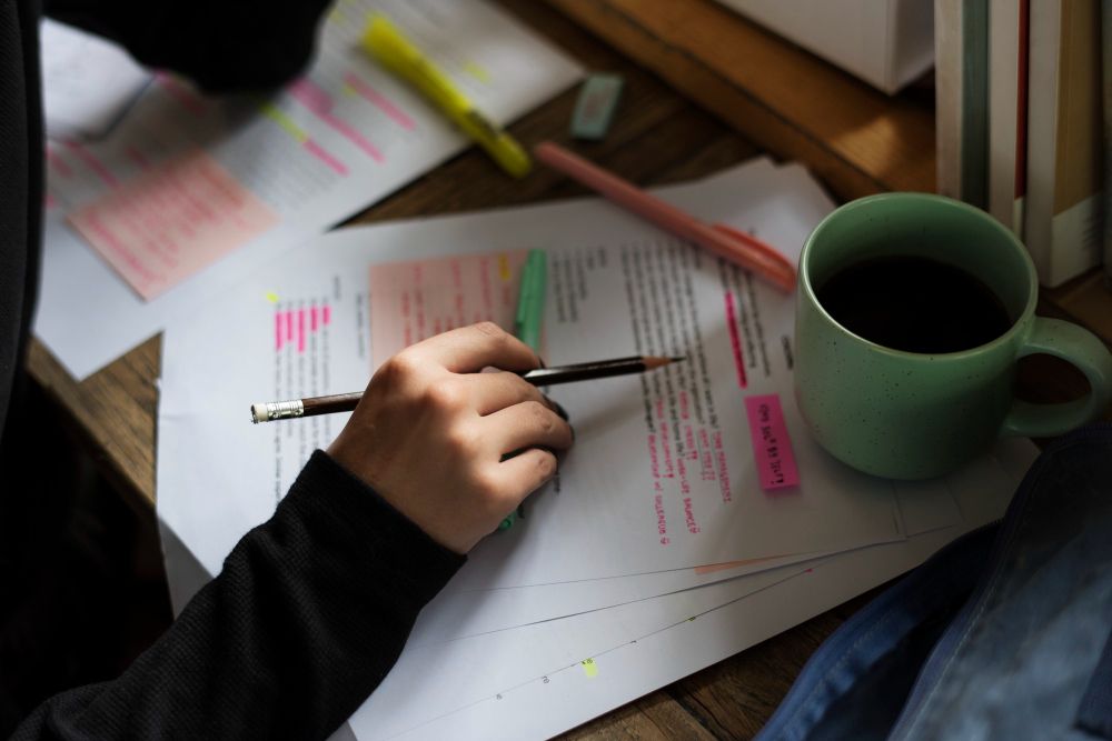 student reviewing highlighted study notes