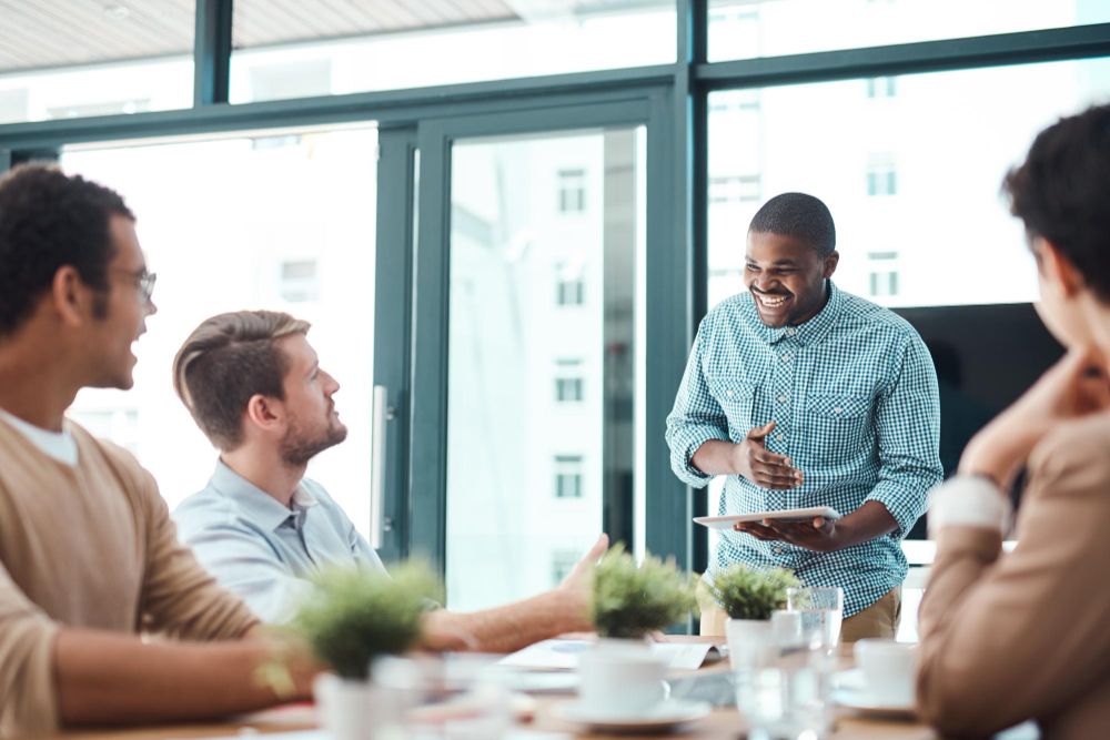 presenter speaking during a team discussion