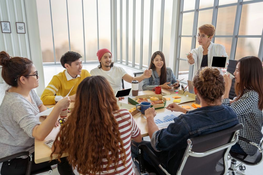 coworkers collaborating during a group workshop